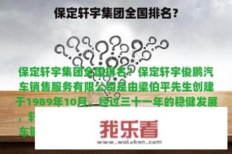 保定轩宇集团全国排名？