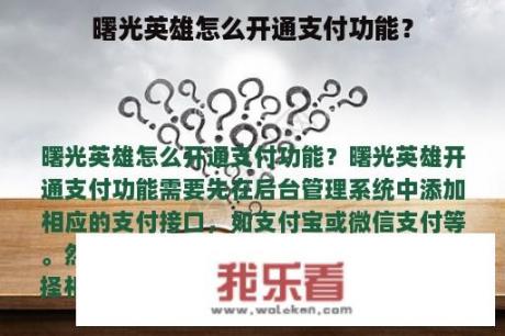 曙光英雄怎么开通支付功能？